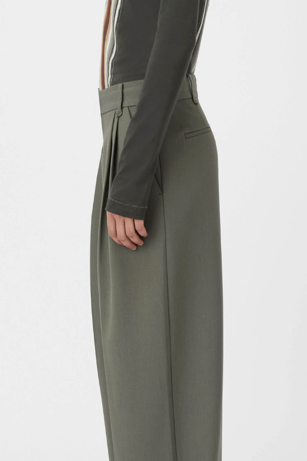 Annick Pant Sacramento Green by Camilla and Marc, double-pleated with a mid-low waist and pressed creases, perfect for modern tailoring or chic office dressing.