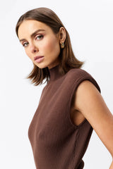 Quiet Force Midi Dress by Mossman in cacao, ribbed knit with turtleneck and flared skirt for sleek, sculpted day-to-night dressing.