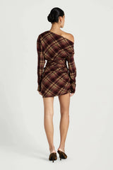 Hera Mini Dress Plum Check by Benni, one shoulder tartan mini dress, perfect for elevated evening styling