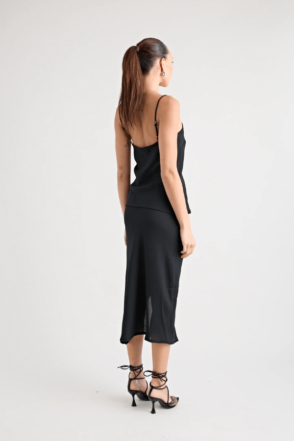 Gianni Scoop Cami Black by Pfeiffer, lightweight scoop-neck cami with adjustable straps and bias cut, perfect for trendy viral warm-weather and chic coordinated looks.