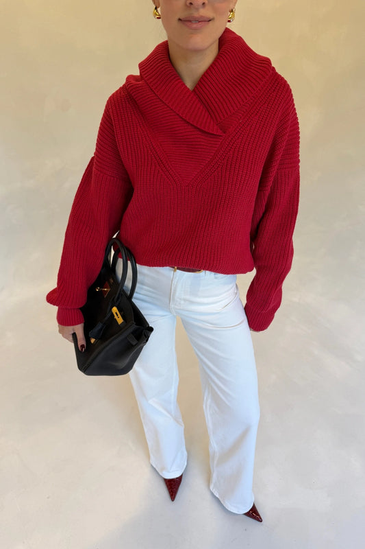 Olsen Drape Neck Knit Sweater Red by Sneaky Link, soft draped knit sweater, perfect for chic winter layering