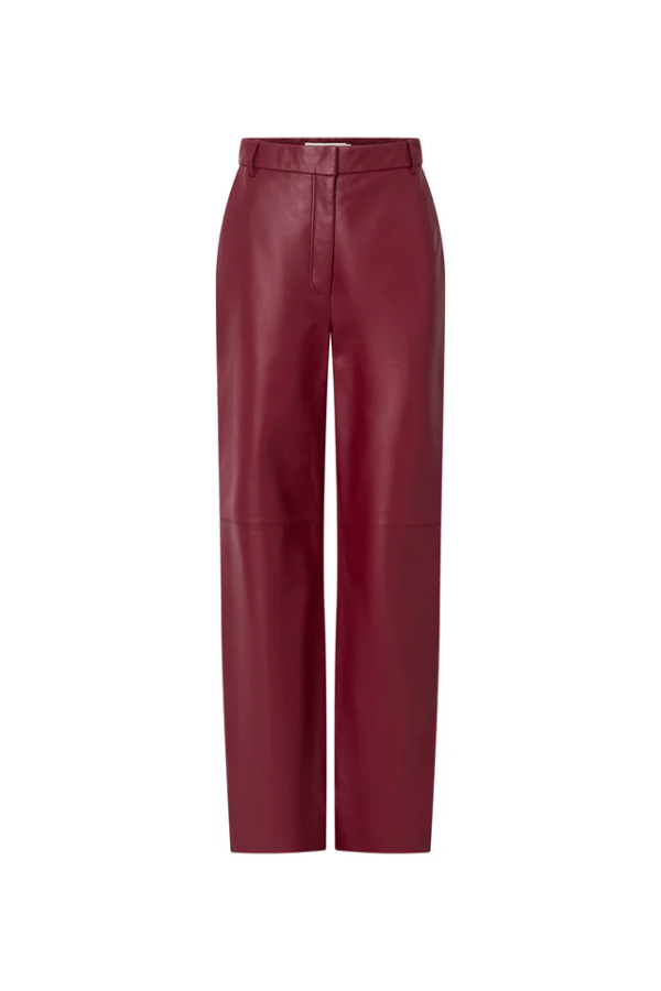 Selita Leather Pant Garnet by Camilla and Marc, luxe lamb leather with seam detail and high waist, perfect for viral nights or elevated daytime looks.