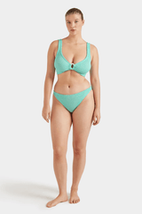 Julia Bikini Pearly Hoop Metallic Mint by Hunza G – Signature crinkle bikini with luxe pearly hoops and sculpting fit
