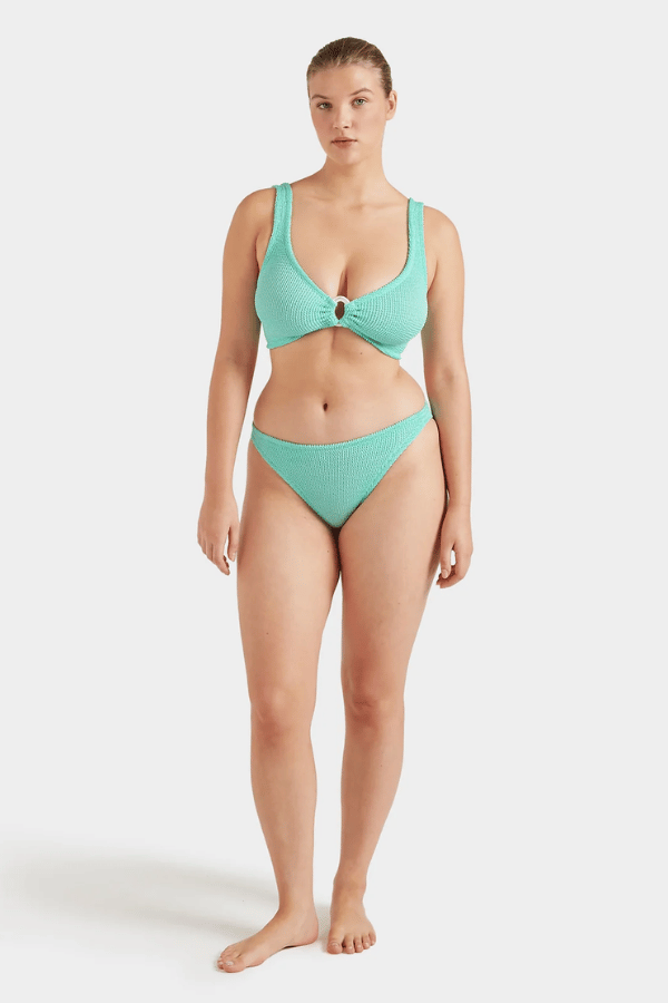 Julia Bikini Pearly Hoop Metallic Mint by Hunza G – Signature crinkle bikini with luxe pearly hoops and sculpting fit