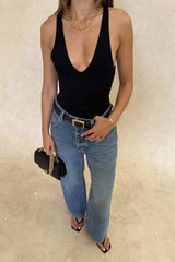Iris Knit Bodysuit Black by Sneaky Link – a sculpting bodysuit with deep V neckline and stretch fit. Perfect for sleek styling.