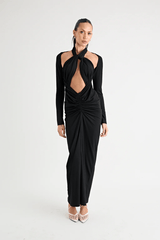 Victoria Maxi Dress Black by Pfeiffer – A sleek, versatile maxi with adjustable halter, removable shrug, and ruching, perfect for elegant, adaptable style.