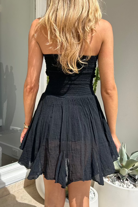 Mia Mini Dress Black by D'Artemide – A cotton mini with alluring cutouts, handmade in Athens for timeless boho elegance.