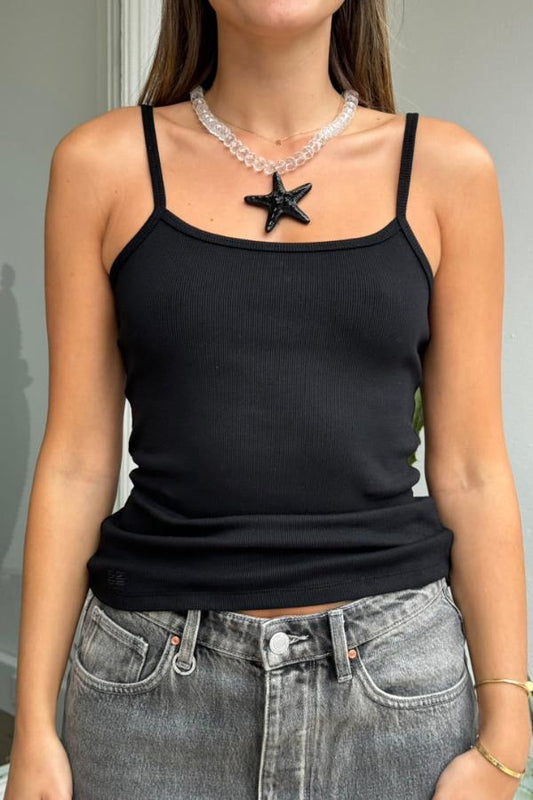 Sophie Tank Black by Sneaky Link – A trendy, soft cotton blend tank with delicate straps and flattering neckline, perfect for layering year-round with effortless style.