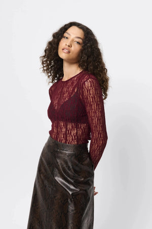 Close To You Top Bordeaux by Mossman - sheer lace long sleeve top with crew neckline and thumbholes, perfect for sleek layering or statement styling.