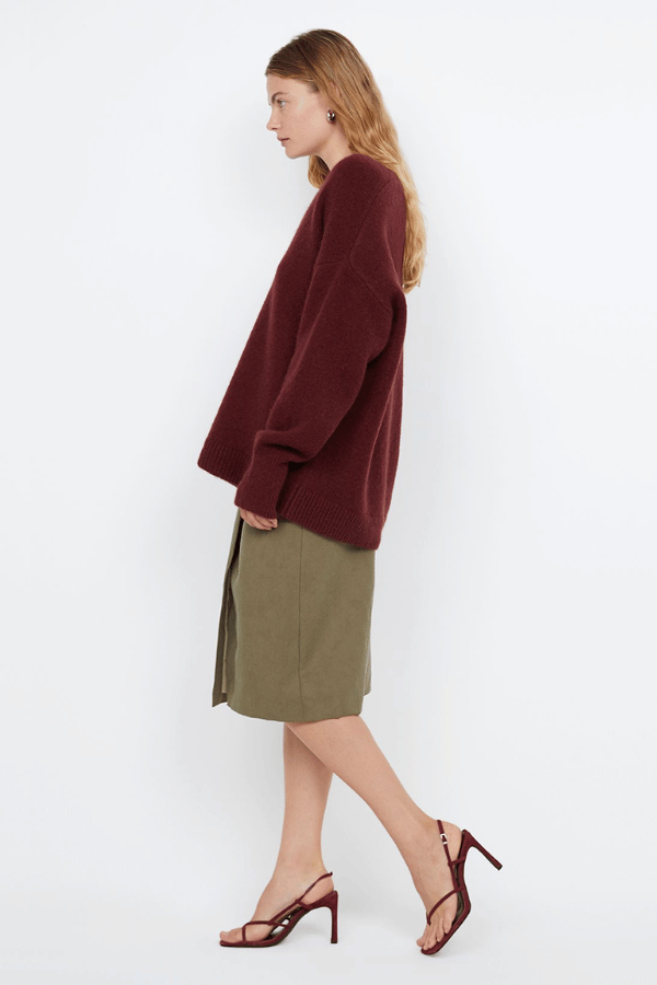 Campbell V Neck Jumper Plum by Bec + Bridge – Soft mohair blend knit with a flattering V neckline, ribbed collar and cuffs. Relaxed fit with dropped shoulders and pull-on style. Cold hand wash.