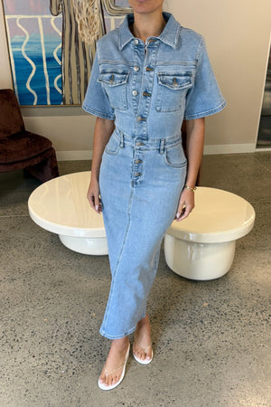 Katrina Denim Midi Dress in Light Blue Wash by Sneaky Link, stretch denim dress with cinched waist and button-up front.