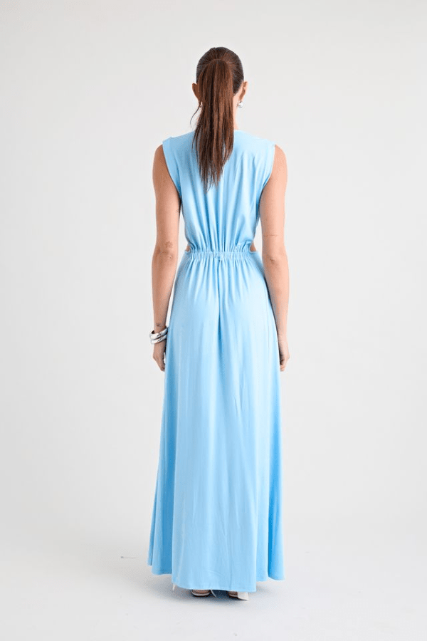 Do For Love Gown Light Blue by Pfeiffer – A trendy, elegant maxi with a deep plunge, thigh-high split, and bold hardware, perfect for special occasions and evening events.