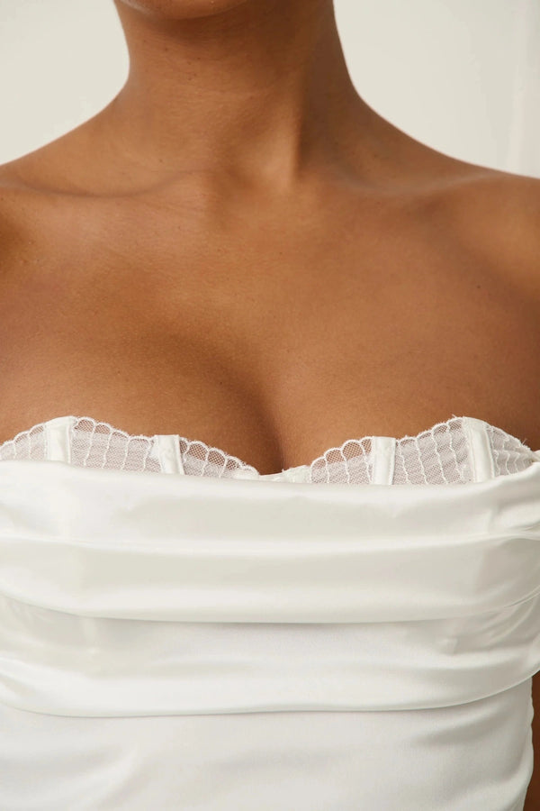 Marilyn Slip Ivory by Kat The Label, satin slip dress with lace underwire, perfect for bridal or evening styling