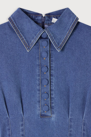 Cotton Mix Denim Collared Midi Dress Light Blue by Odd Muse, structured denim midi dress, perfect for chic day to evening styling