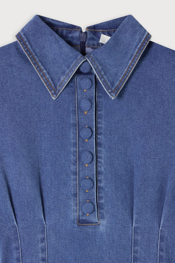 Cotton Mix Denim Collared Midi Dress Light Blue by Odd Muse, structured denim midi dress, perfect for chic day to evening styling