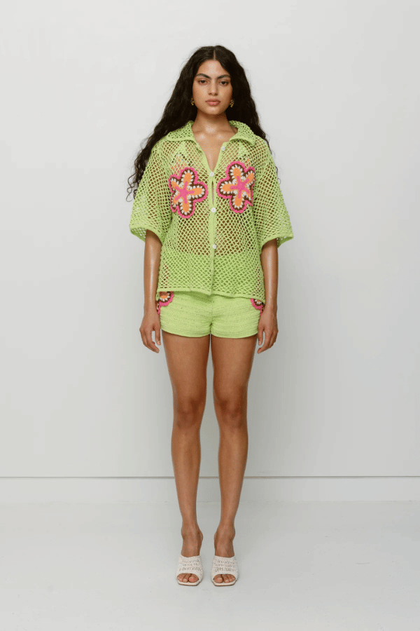Elke Crochet Shirt Lime by The Wolf Gang, handwoven cotton shirt with floral crochet detail, artisan-made in Bali for an elevated resort look.