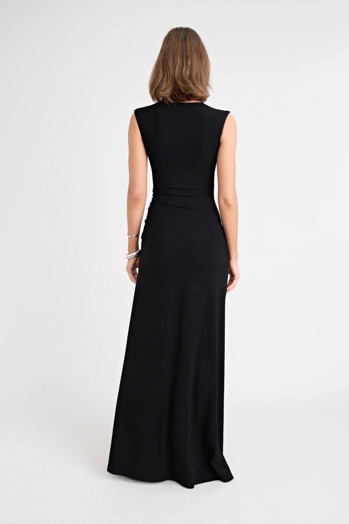 Samara Dress by Pfeiffer — a full-length jersey dress with a square neckline and adjustable front split, perfect for elegant occasions.