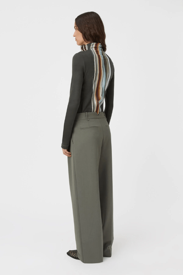 Annick Pant Sacramento Green by Camilla and Marc, double-pleated with a mid-low waist and pressed creases, perfect for modern tailoring or chic office dressing.