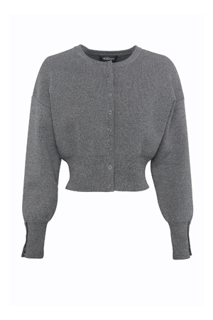 Manhattan Cardigan Pale Grey by Mossman – Relaxed fit crepe knit with round neck, press stud front, ribbed cuffs, and waistband. Soft with stretch. Model wears AU 6.