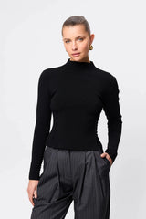 Windsor Knit Top Black by Mossman - slim fit knit top with extended neckline and button detail, designed for a refined modern silhouette.