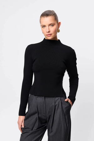 Windsor Knit Top Black by Mossman - slim fit knit top with extended neckline and button detail, designed for a refined modern silhouette.