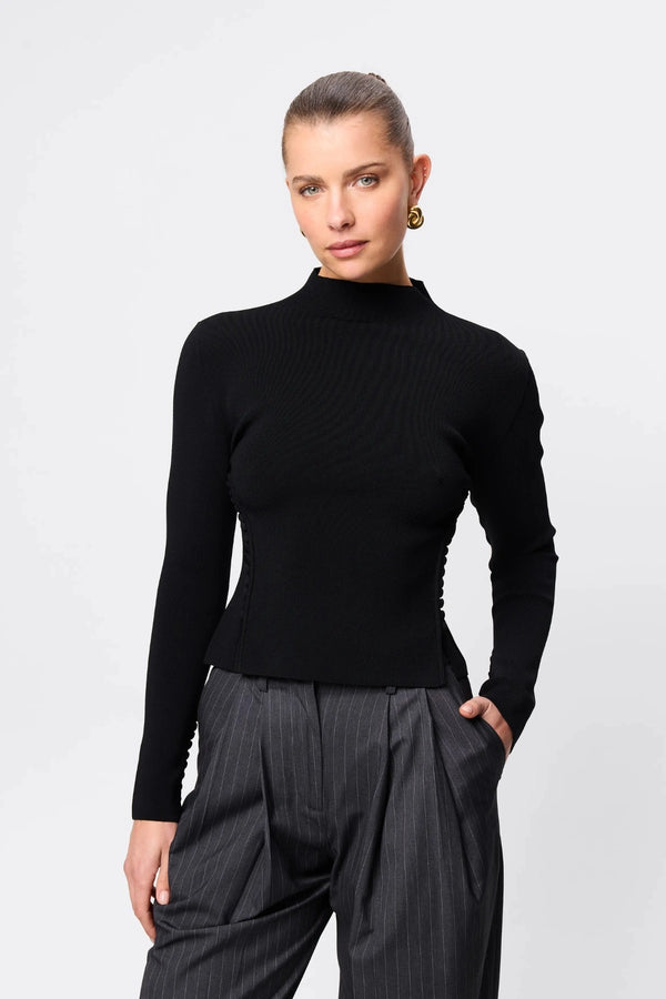 Windsor Knit Top Black by Mossman - slim fit knit top with extended neckline and button detail, designed for a refined modern silhouette.