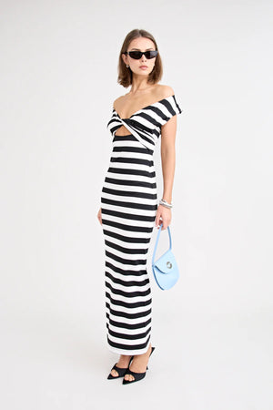 Shiloh Dress Stripe by Pfeiffer, a reversible striped jersey dress with adjustable bust ties for multiple neckline looks.