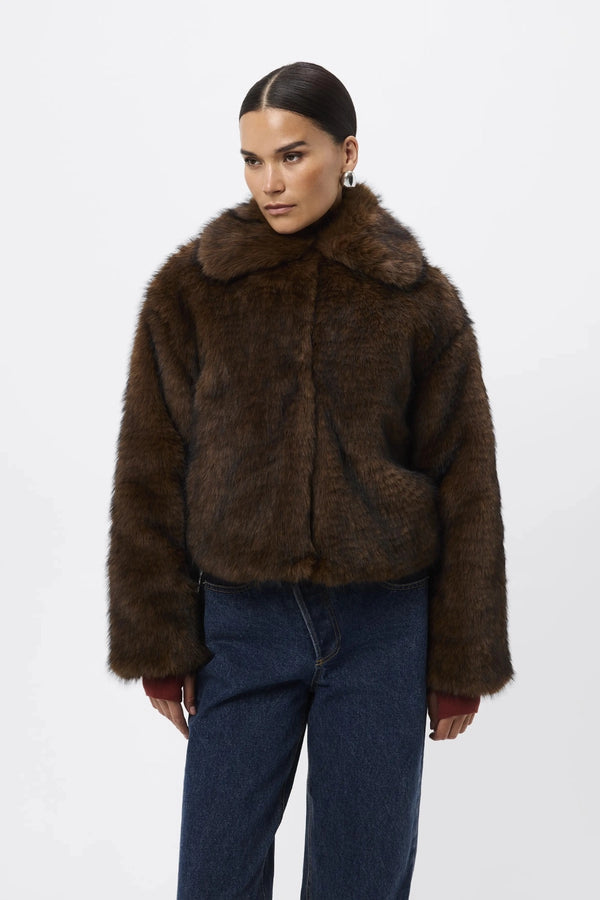 Miranda Jacket Walnut Brown by Mossman - faux fur jacket with wide collar and relaxed fit, designed for a bold winter look.