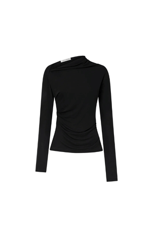 Mai Long Sleeve Top Black by Camilla and Marc – asymmetric twisted neckline with side tucks and sleek lining, perfect for elegant nights or polished day looks.
