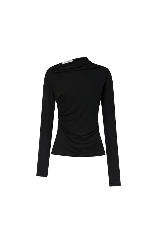 Mai Long Sleeve Top Black by Camilla and Marc – asymmetric twisted neckline with side tucks and sleek lining, perfect for elegant nights or polished day looks.