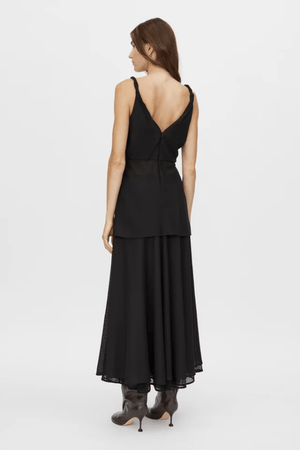 Attar Top Black by Camilla and Marc – draped cowl neck with twisted straps and deep V-back, perfect for elegant dinners or chic evening events.