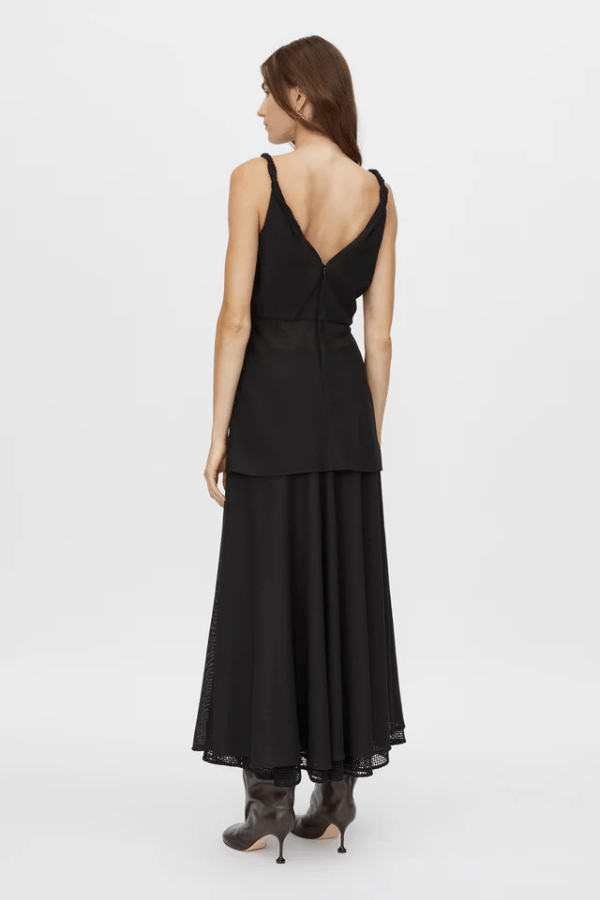 Attar Top Black by Camilla and Marc – draped cowl neck with twisted straps and deep V-back, perfect for elegant dinners or chic evening events.