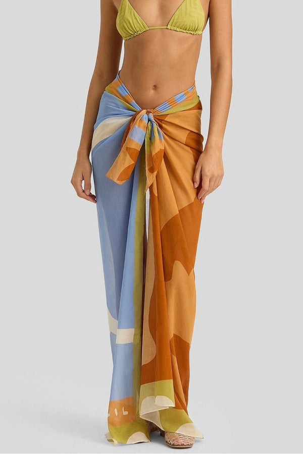 Square Pareo by Soleil Soleil, an organic cotton wrap with abstract Kin print. Perfect as a beach skirt, scarf, or resort layer.