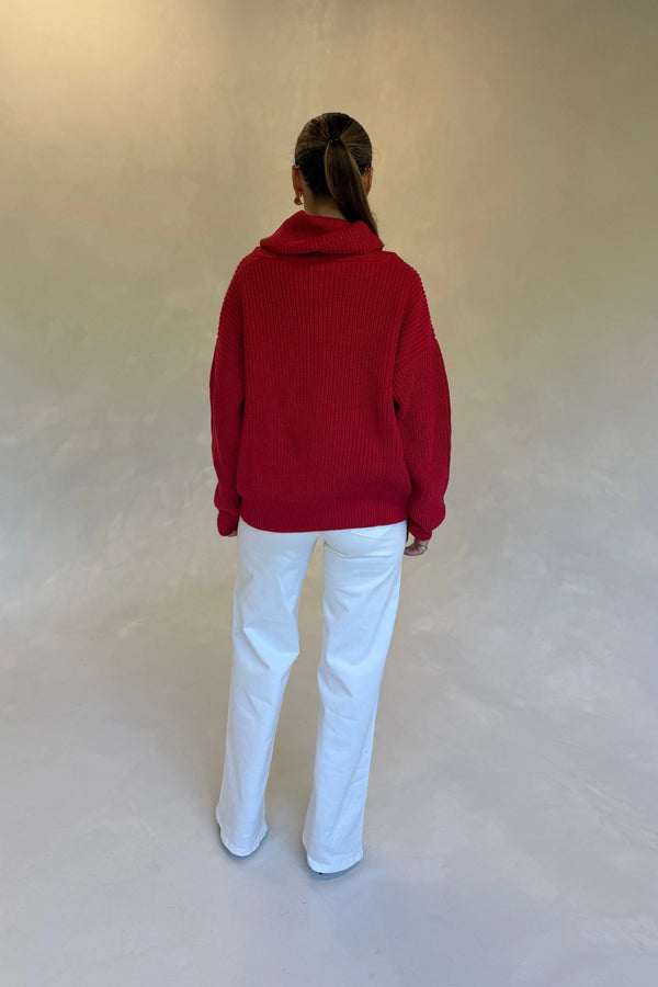Olsen Drape Neck Knit Sweater Red by Sneaky Link, soft draped knit sweater, perfect for chic winter layering