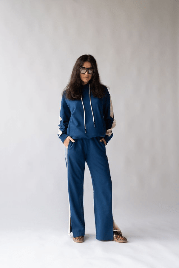 1988 Hoodie Estate Blue by Araminta James, soft cotton brushed fleece with contrast trim and velvet graphic, relaxed fit perfect for casual cool days.