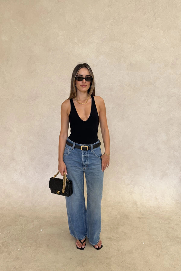 Iris Knit Bodysuit Black by Sneaky Link – a sculpting bodysuit with deep V neckline and stretch fit. Perfect for sleek styling.