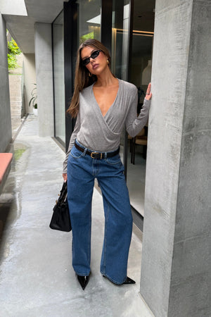Ella Squire Draped Long Sleeve Bodysuit Grey