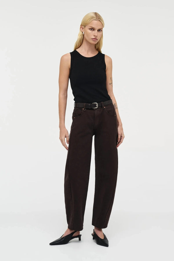 Amber Barrel Sable by Neuw Denim, mid-rise slim barrel jeans in rich brown with subtle stretch for a structured yet comfortable fit.