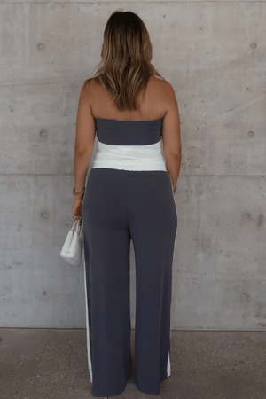 Hunter Tube Top Steel/Ivory by Sneaky Link – Sleek strapless top with contrast neckline and ruched sides. Perfect for trendy coordinated looks and viral summer vibes.