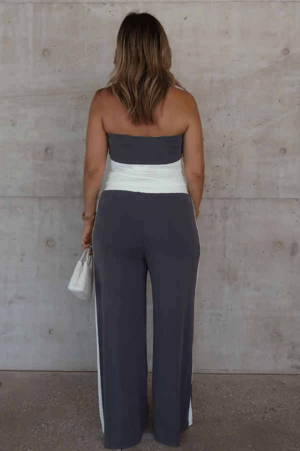 Hunter Tube Top Steel/Ivory by Sneaky Link – Sleek strapless top with contrast neckline and ruched sides. Perfect for trendy coordinated looks and viral summer vibes.