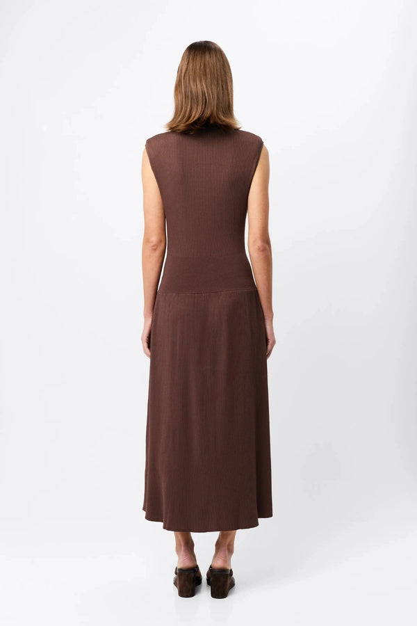 Quiet Force Midi Dress by Mossman in cacao, ribbed knit with turtleneck and flared skirt for sleek, sculpted day-to-night dressing.