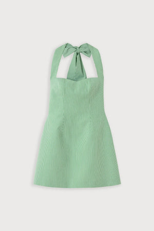 Cotton Pinstripe Mini Dress Green by Odd Muse, halter mini dress with cinched waist and classic pinstripe design