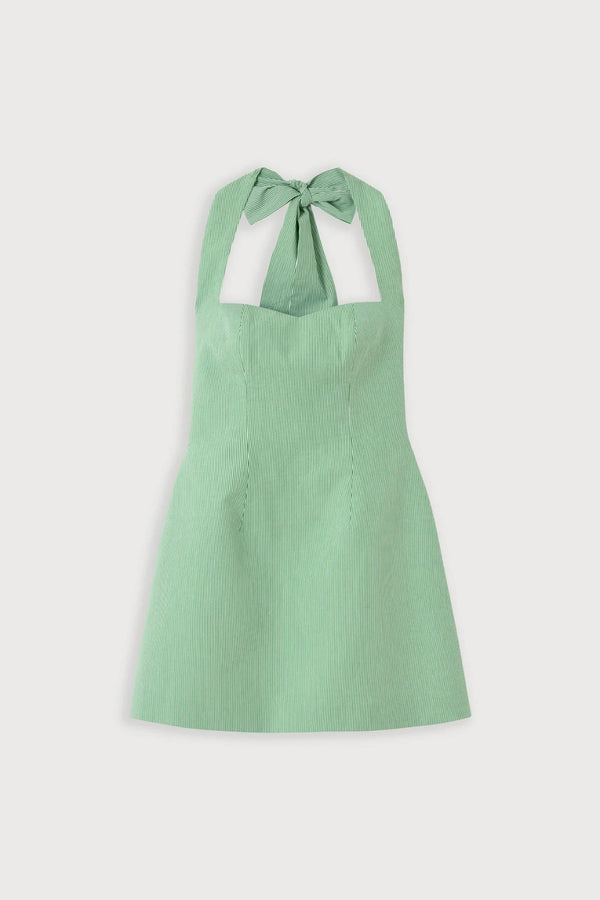 Cotton Pinstripe Mini Dress Green by Odd Muse, halter mini dress with cinched waist and classic pinstripe design