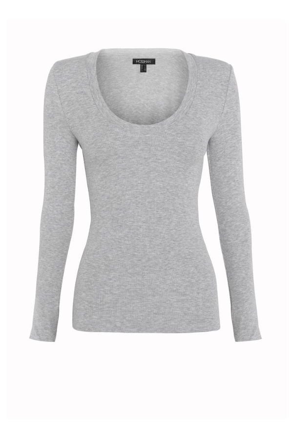 Lincoln Top Grey Marle by Mossman, soft double-layer ribbed jersey with scoop neckline and thumb-hole sleeves, perfect for trendy viral trans-seasonal layering and sleek styling.