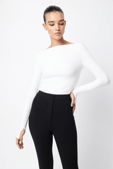 Camden Top Off White by Mossman, soft double-layered ribbed jersey with boat neckline and thumb sleeves, perfect for trendy layering and chic day-to-night looks.