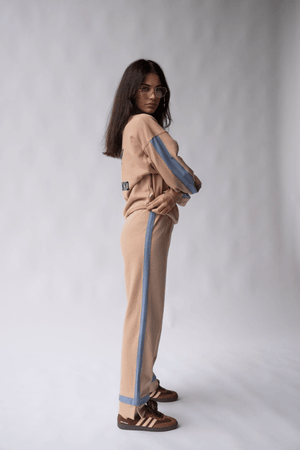 Maya Knit Pant Nougat by Araminta James, soft cotton knit pants with contrast trims and split hems, perfect for chic, comfortable leisurewear looks.