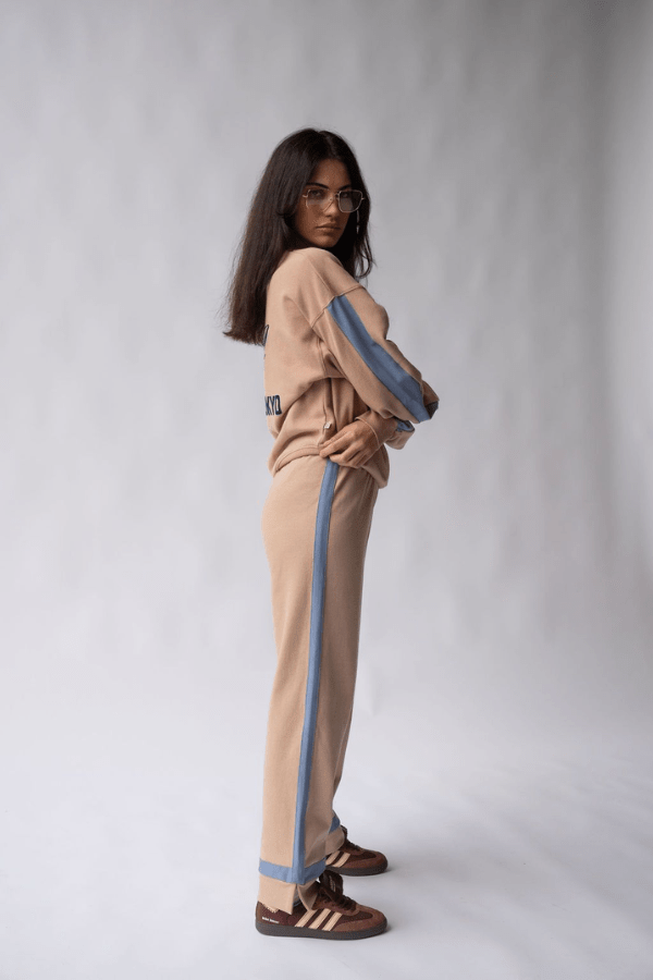 Maya Knit Pant Nougat by Araminta James, soft cotton knit pants with contrast trims and split hems, perfect for chic, comfortable leisurewear looks.