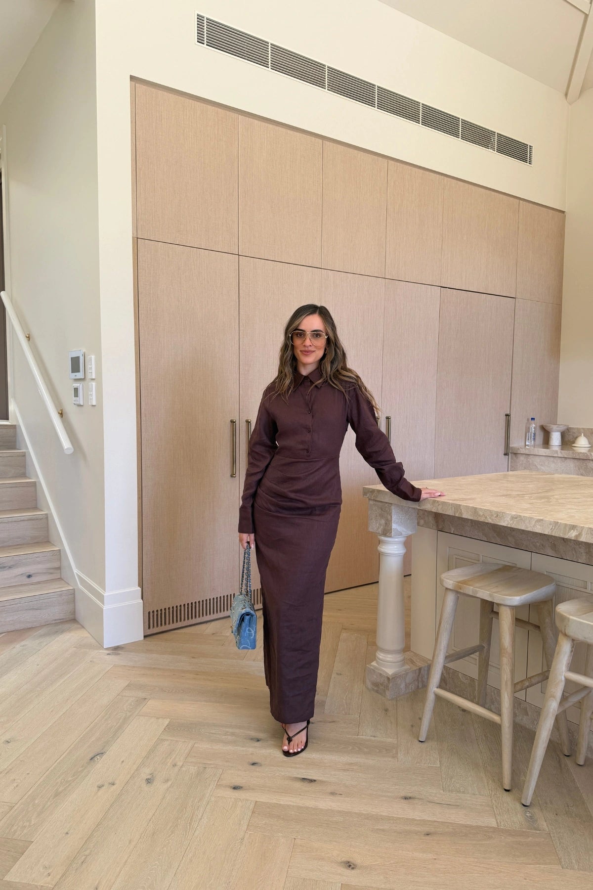 Lefka Long Sleeve Dress Chocolate by Sneaky Link, a breathable linen long sleeve dress with cotton lining for everyday elegance.
