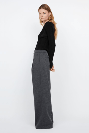 Shae Oversized Pant Charcoal by Bec + Bridge, wide-leg embroidered herringbone suiting with pleat detail, relaxed mid-low waist fit, perfect for work or casual chic.