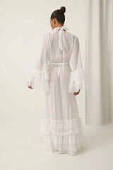 Marilyn Robe Ivory by Kat The Label, sheer chiffon robe with ruffle trim, perfect for bridal or lounge styling